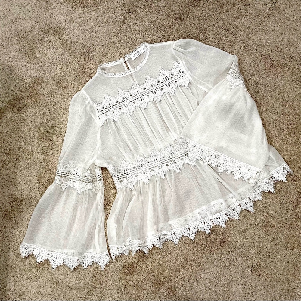 NWOT White Sheer Lace Tiered Blouse with Bell Sleeves